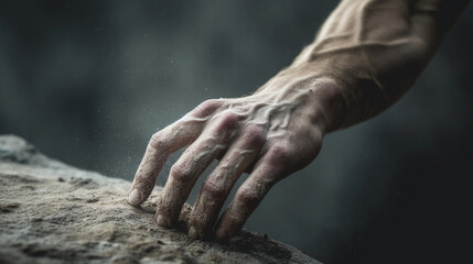 Detailed, close - up shot of climber's hand gripping a rocky edge, dust and chalk particles in the air, focus on rough texture of rock and calloused skin, raw, intense