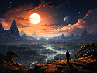 Adrift in the cosmos, the astronaut stumbles upon a wondrous sight: a mysterious planet surrounded by three suns. Generative AI.