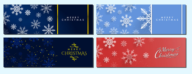 Fototapeta na wymiar Set of Winter Christmas Banners in teal blue, midnight blue, and red with Merry Christmas Typographic Greeting Text and copy space. White 3d Snowflake designs. Editable Vector Illustration. EPS 10.