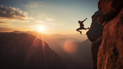 Epic capture of a rock climber, muscles strained, mid - jump between two cliffs, breathtaking mountain landscape in the background, vibrant sunset, intense, action shot