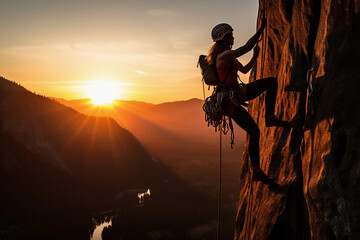 Adventurous woman, rock climbing in Yosemite, sunrise lighting her silhouette, warm, powerful, inspiring - obrazy, fototapety, plakaty