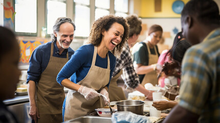 a diverse group of volunteers, preparing meals in a bright, cheerful community kitchen, hands passing bowls and spoons, happy smiles
