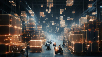 a warehouse filled with goods, packages, and robots, digitally manipulated to appear like a complex, geometric fractal pattern, representing the complexity of e - commerce logistics