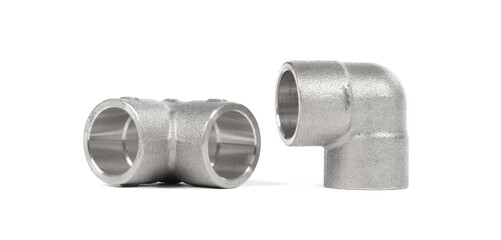 Steel fittings for plumbing pipes, connector for two different sizes, 90 degree angle