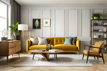 Stylish interior of living room with honey yellow sofa, wooden bookcase, plants, commode, picture frame, carpet, decoration and elegant accessoreis in home decor. Template.