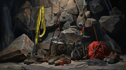rock climbing equipment spread out, chalk bag, harness, carabiners, quickdraws, shoes, atmospheric lighting, focus on texture and material, painterly brush strokes - obrazy, fototapety, plakaty