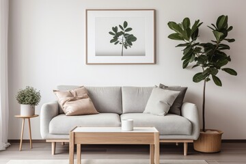 Plant on wooden table next to grey sofa in natural Generative AI