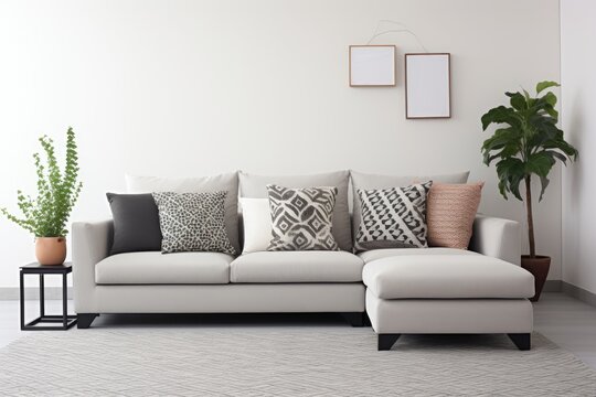 Patterned pillow on grey corner sofa in living room Generative AI