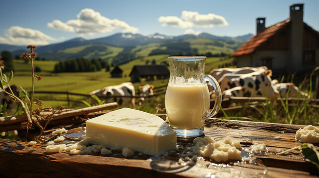 Milk and cheese on a table in front of a field. Generative Ai