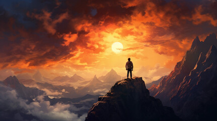 climber at the peak, looking out at the horizon, glowing sunset, abstract yet detailed, emphasis on the play of light and shadow, panoramic aspect ratio
