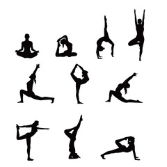 set of yoga pose silhouette design. body positioning sign and symbol.