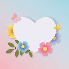 Color pastel flower and bloom, Wedding decorative perfect heart shape frame border or greeting card Valentine, Birthday and Mother’s day. Isolated on pastel background. paper cut design style.