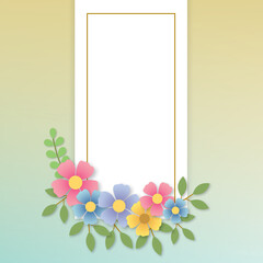Color pastel flower and bloom, Wedding decorative perfect square frame border or greeting card Valentine, Birthday and Mother’s day. Isolated on pastel background. illustration paper cut design style.