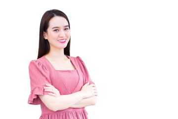 Obraz premium Professional young Asian confident business successful woman who wears pink is standing with arm crossed and smiling in working room at home while isolated on white background.
