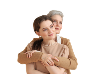 Portrait of old mother and mature daughter. Happy senior mom and adult daughter embracing with love on a transparent background.