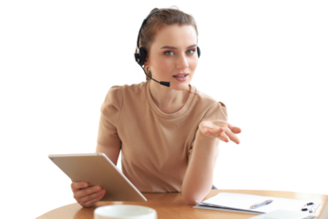Freelance operator talking with headsets and consulting clients on a transparent background.