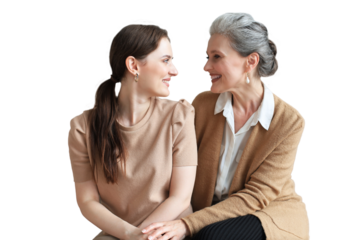 Portrait of old mother and mature daughter hugging. Happy senior mom and adult daughter embracing with love on a transparent background