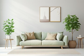 Stylish scandinavian living room with design mint sofa Generative AI