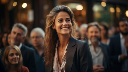 Beautiful young woman in a business suit smiling as other workers hold a meeting in background.