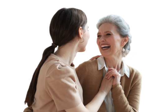 Portrait of old mother and mature daughter. Happy senior mom and adult daughter embracing with love on a transparent background. - Powered by Adobe