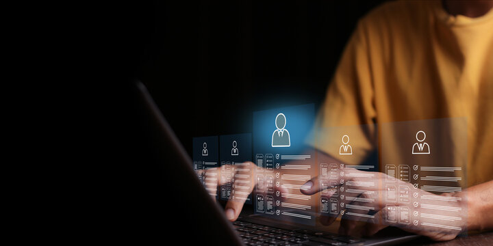 Hr, HRM, Human resources management concept. Check resume, Screening employee information, job applicants, Employees must complete the online survey form, answer the test questions.