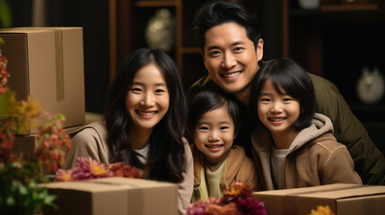 Fototapeta premium Happy asian family with cardboard boxes in the living room at new home.