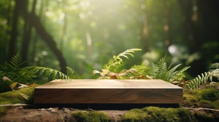 Fototapeta premium Wooden podium on forest background. Product presentation. Generative ai.