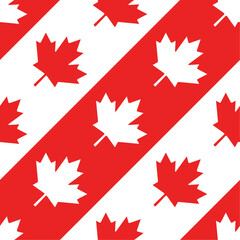 Canadian geometric vector seamless pattern. Red and white maple leaves on striped background. Best for textile, wallpapers, decoration, wrapping paper, package and web design.