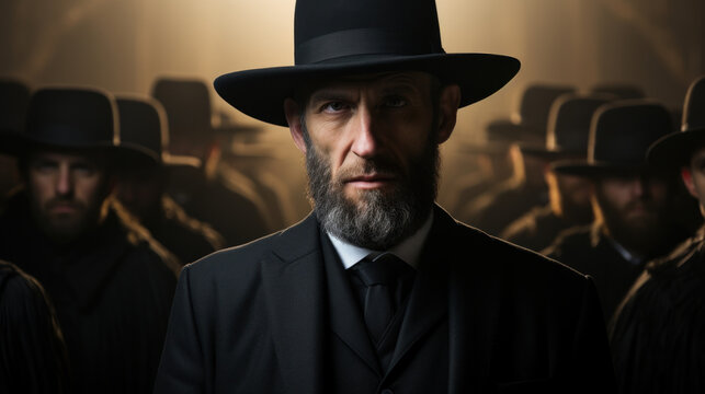 Jewish man with a beard in a black suit and top hat on a dark background of group of jews.
