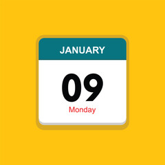 monday 09 january icon with black background, calender icon