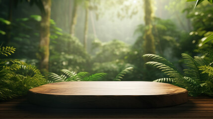 Wooden podium on forest background. Product presentation. Generative ai.