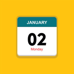 monday 02 january icon with black background, calender icon