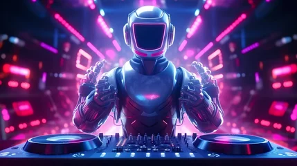 Futuristic robot DJ pointing and playing music on turntables. Robot disc jockey at the dj mixer and turntable plays nightclub during party. EDM entertainment party concept © AspctStyle