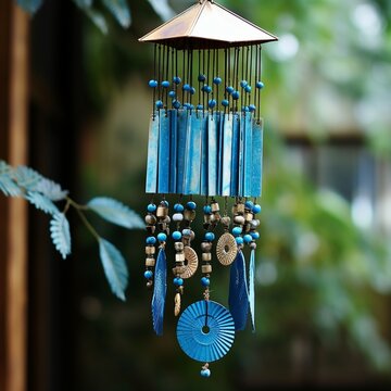 Pleasing blue wind chime hanging from roof Generative AI