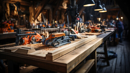 Carpenter works, tools over a wooden table. Generative Ai