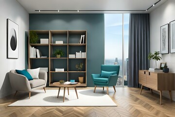 Interior of modern room with shelf unit and armchair