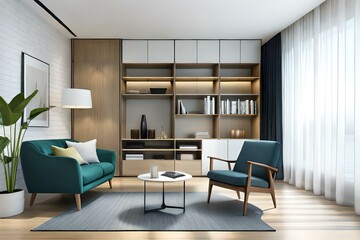 Fototapeta na wymiar Interior of modern room with shelf unit and armchair
