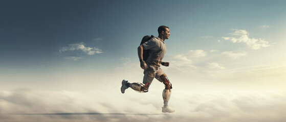 Fototapeta na wymiar A man with prosthetic leg running poster