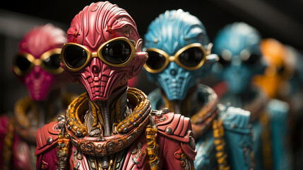 Fototapeta premium Fashion trends, with aliens wearing vibrant and bizarre outfits. Generative Ai