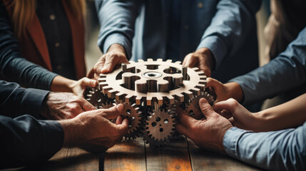teamwork in action - group of people meticulously assembling gears on a table, epitomizing the collaborative effort in project realization, optimized for 16:9 HD and social media usage. Ai generated - obrazy, fototapety, plakaty
