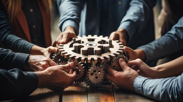 teamwork in action - group of people meticulously assembling gears on a table, epitomizing the collaborative effort in project realization, optimized for 16:9 HD and social media usage. Ai generated