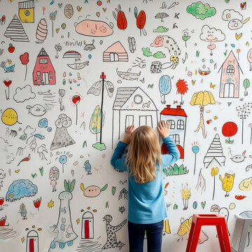 Wallpaper with colorful children's drawings. AI Generated image