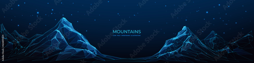 Aufkleber Abstract mountain valley. Low poly blue digital landscape with mountains and starry sky. Vector template with text blank in the center of banner. Low poly wireframe vector illustration with 3D effect.