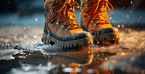 Hiker's Boots in the snow. Generative Ai
