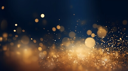Obraz premium An abstract background featuring dark blue and golden particles. Christmas golden light shines, creating a bokeh effect on the navy blue background. Gold foil texture is also present. Generative AI