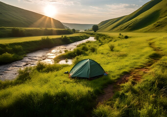 Camping and tent on the grass nearby river in morning. Natural beautiful camping spot - obrazy, fototapety, plakaty