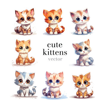 Vector illustration: set of cute cartoon kittens with big eyes, emotions of children's animals.
