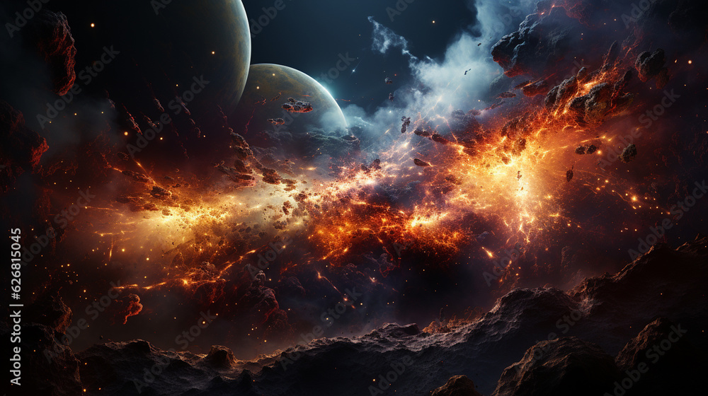 Poster massive planetary collision in space. generative ai
