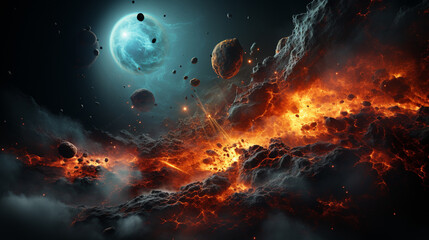 Naklejka premium Massive planetary collision in space. Generative Ai