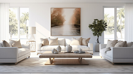 interior of modern bright living room with white sofa 3D rendering illustration